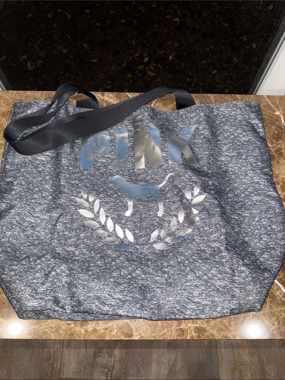 PINK Victoria's Secret Heather Gray Logo Tote with Black Straps